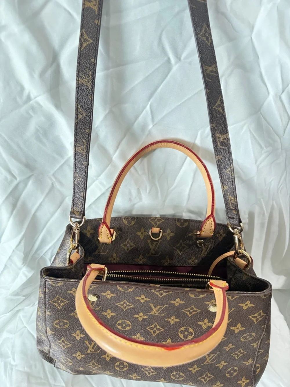 Louis Vuitton Monogram Canvas Satchel with Tan Handles and Red Trim